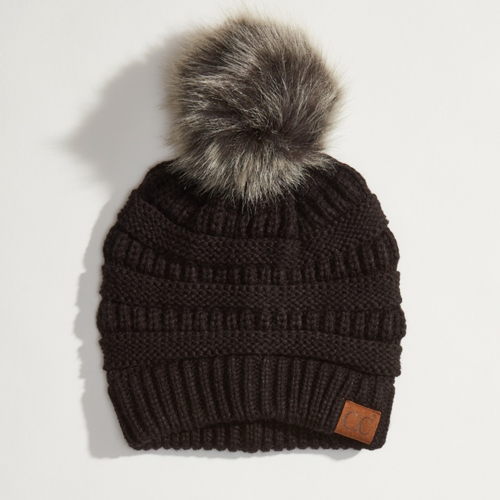 NWOT CC Black Pom Hat with Gray Pom